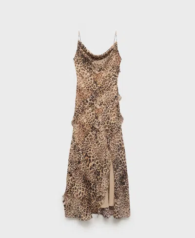 Mango Leopard-print Ruffle Dress With Opening Ecru In Brown