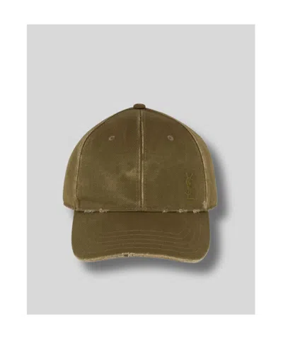Saint Laurent Ysl Washed Denim Baseball Hat In Khaki