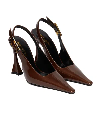 Saint Laurent Dune Patent-leather Slingback Pumps In Brown