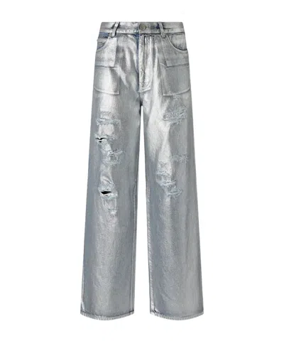 Pinko Lauryn Loose Coated Jeans In Laminated Silver In Gray