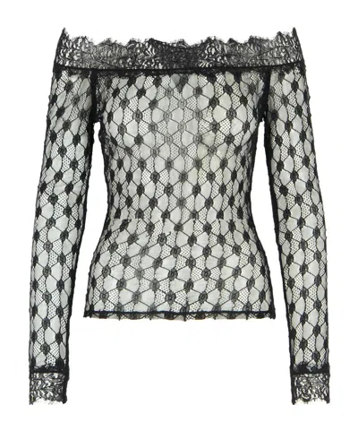 Isabel Marant Sheer Lace Off-shoulder Knit Sweater In Black