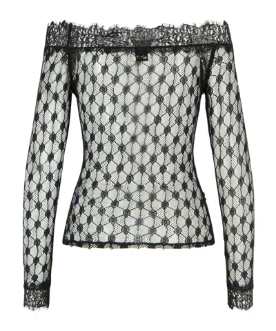 Isabel Marant Sheer Lace Off-shoulder Knit Sweater In Black
