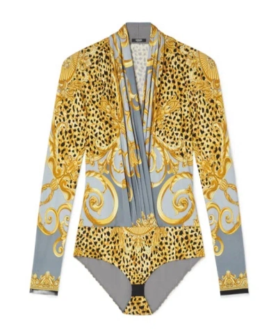 Versace Draped Printed Satin-jersey Bodysuit In Gold