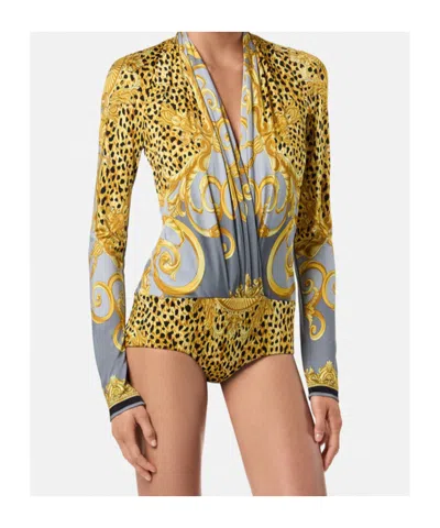 Versace Draped Printed Satin-jersey Bodysuit In Gold