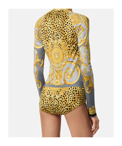 Versace Draped Printed Satin-jersey Bodysuit In Gold