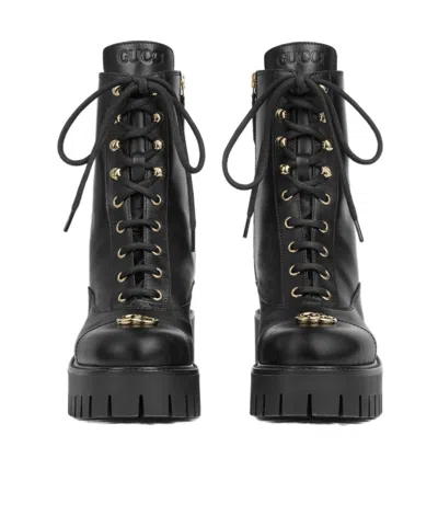 Gucci Round-toe Lace-up Boots In Black