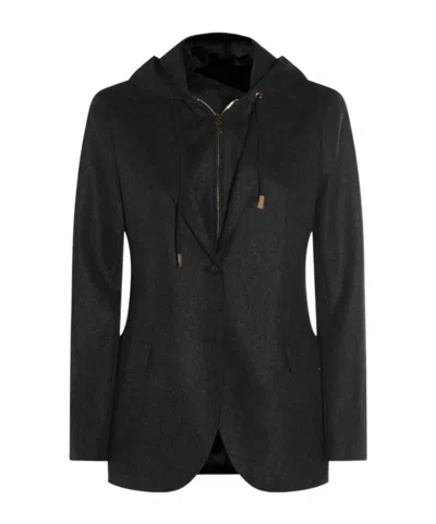 Eleventy Wool Blend Flannel Blazer With Removable Hooded Bib In Black