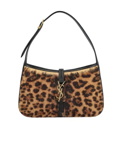Saint Laurent Leopard Patterned Logo Plaque Tote Bag In Brown