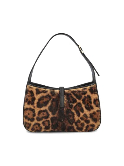 Saint Laurent Leopard Patterned Logo Plaque Tote Bag In Brown