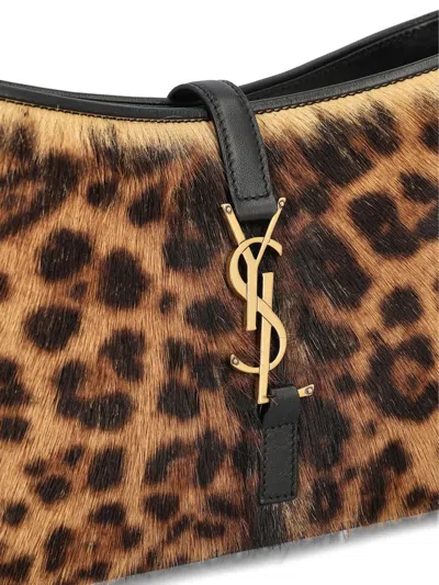 Saint Laurent Leopard Patterned Logo Plaque Tote Bag In Brown