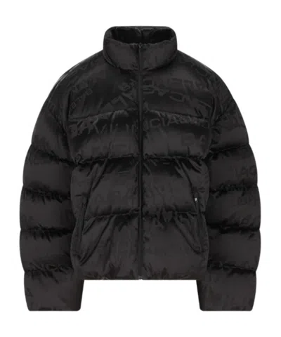 Balenciaga Men Nylon Down Jacket With All-over Lettering Logo In Black