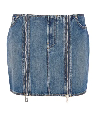 Jean Paul Gaultier Denim Miniskirt With Double Vertical Silver Zippers In Blue