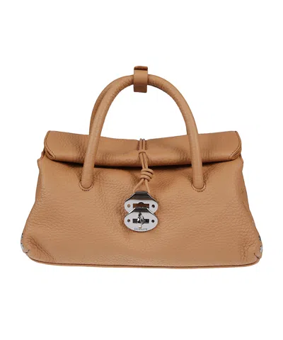 Zanellato Rectangular Hammered Leather Handbag With Twist Lock Closure In Brown