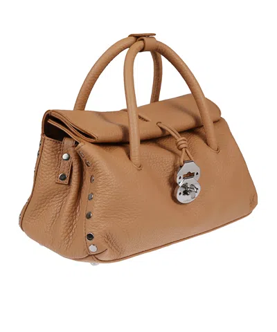 Zanellato Rectangular Hammered Leather Handbag With Twist Lock Closure In Brown