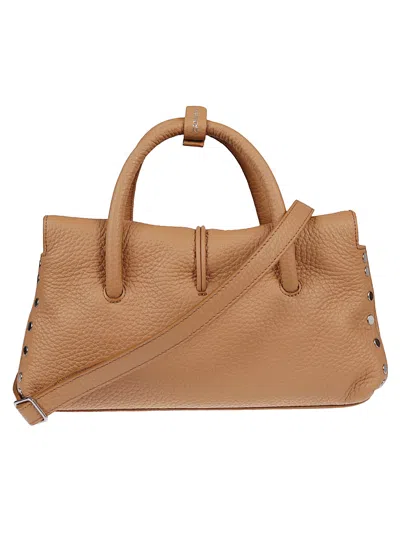 Zanellato Rectangular Hammered Leather Handbag With Twist Lock Closure In Brown