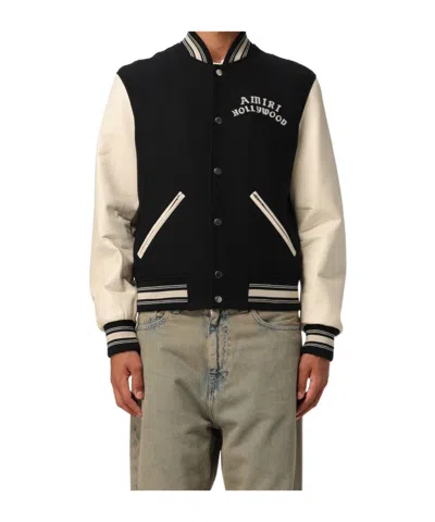 Amiri Varsity Jacket With White Contrasting Sleeves And Embroidered Detailing In Black