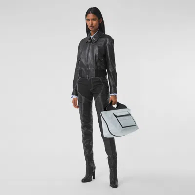 Burberry Medium Cotton Canvas Parquet Leather Soft Pocket Todd Handbag In Gray