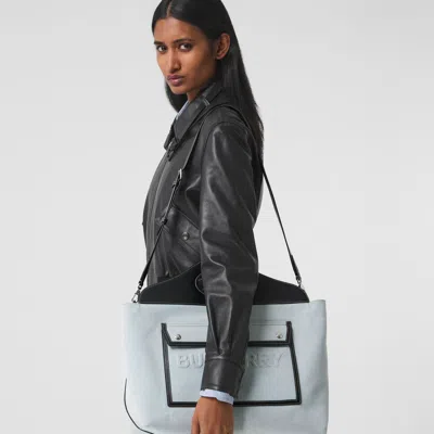 Burberry Medium Cotton Canvas Parquet Leather Soft Pocket Todd Handbag In Gray