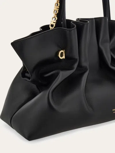 Ferragamo Black Crossbody Bag With Embossed Logo Lettering On The Front And Gancini In Leather Woman In Black