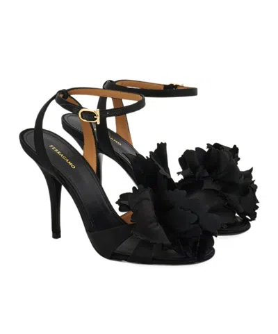Ferragamo Black Satin Flower Sandals In Black