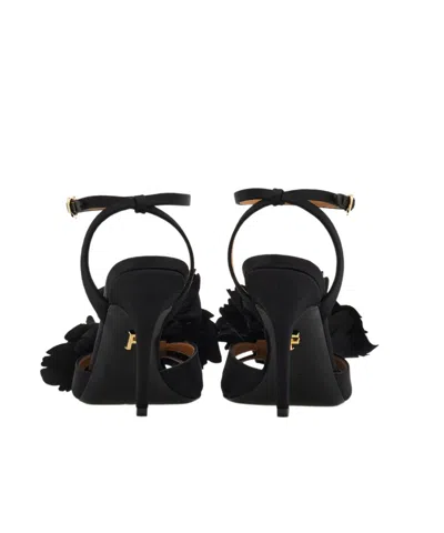 Ferragamo Black Satin Flower Sandals In Black