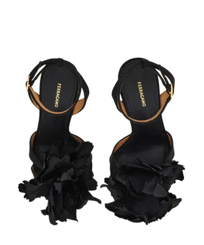 Ferragamo Black Satin Flower Sandals In Black