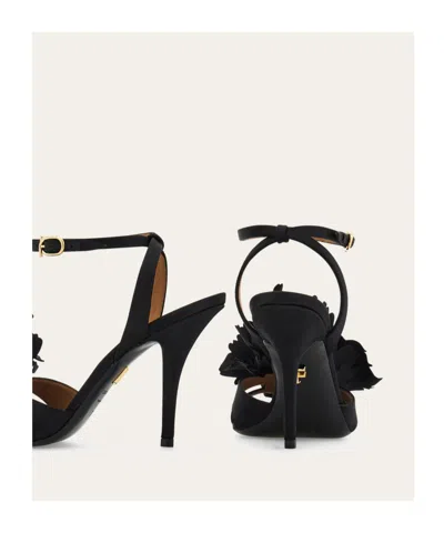 Ferragamo Black Satin Flower Sandals In Black