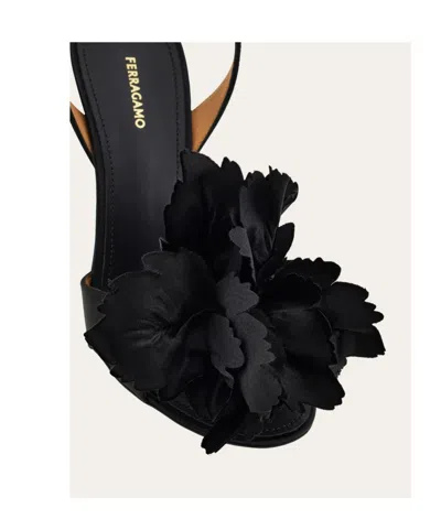 Ferragamo Black Satin Flower Sandals In Black