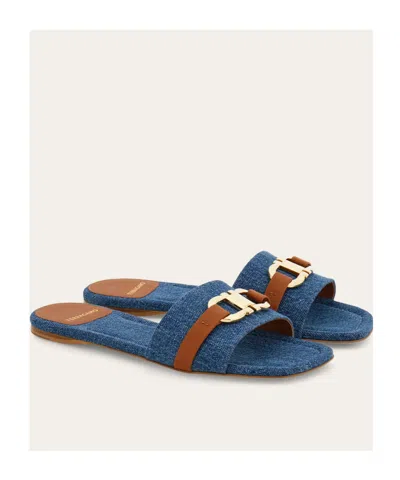 Ferragamo Leah Gancini Bit Denim Slide Sandals In Blue