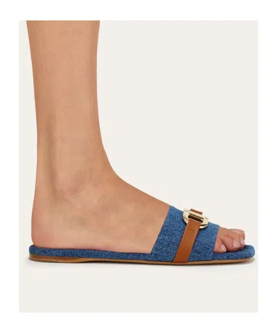 Ferragamo Leah Gancini Bit Denim Slide Sandals In Blue
