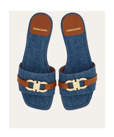 Ferragamo Leah Gancini Bit Denim Slide Sandals In Blue