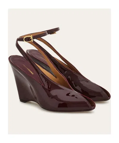 Ferragamo Peep Toe Wedge Sandals In Bordeaux In Black