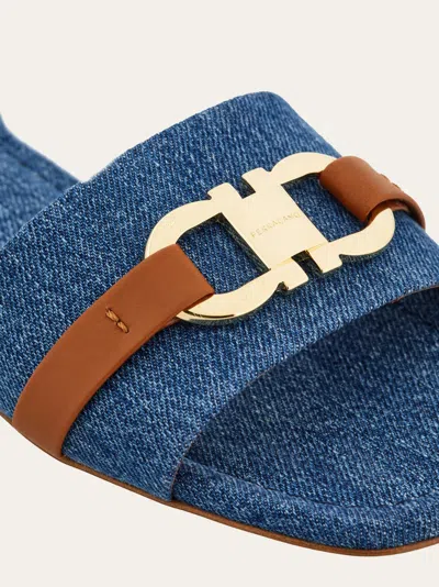 Ferragamo Leah Gancini Bit Denim Slide Sandals In Blue