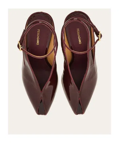 Ferragamo Peep Toe Wedge Sandals In Bordeaux In Black