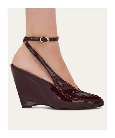 Ferragamo Peep Toe Wedge Sandals In Bordeaux In Black