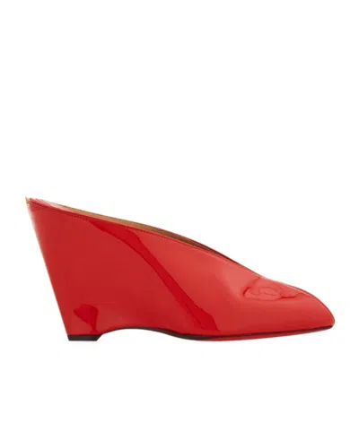 Ferragamo Alicia Patent Leather Peep-toe Wedge Mules In Red