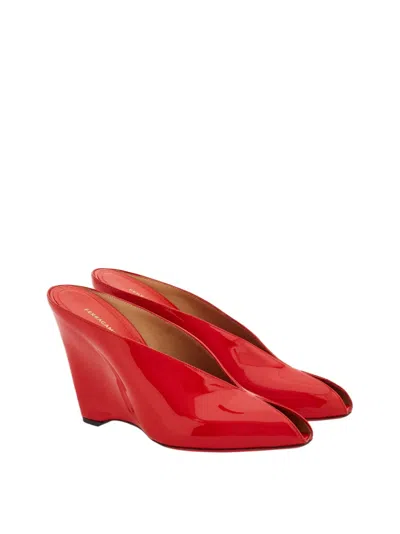 Ferragamo Alicia Patent Leather Peep-toe Wedge Mules In Red