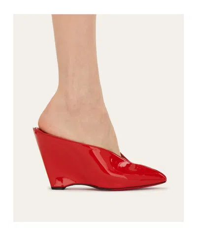 Ferragamo Alicia Patent Leather Peep-toe Wedge Mules In Red