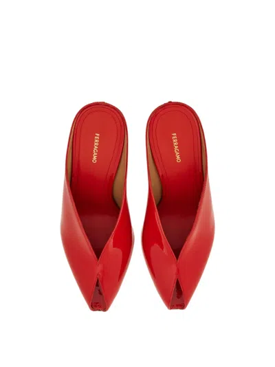 Ferragamo Alicia Patent Leather Peep-toe Wedge Mules In Red