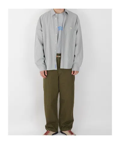 Erl Beige Shirt With Logo Embroidery On The Front And All-over Check Motif In Cotton Man In Gray