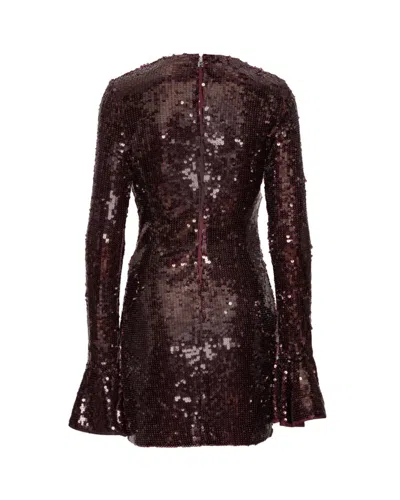Rotate Birger Christensen Bordeaux Sequin Crewneck Mini Dress With Flared Sleeves In Tech Fabric Stretch Woman In Burgundy