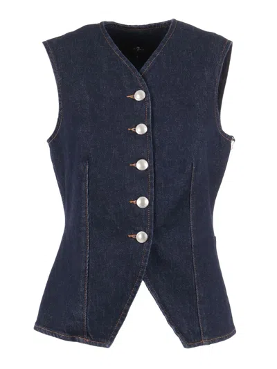 7 For All Mankind Lady Button-fastening Denim Waistcoat In Blue