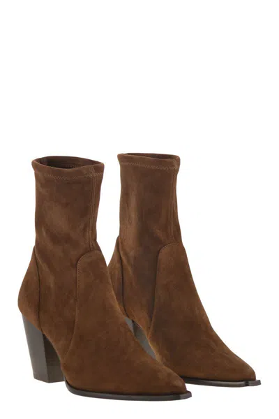 Stuart Weitzman Yuliana Pointed-toe Sock Boots In Brown