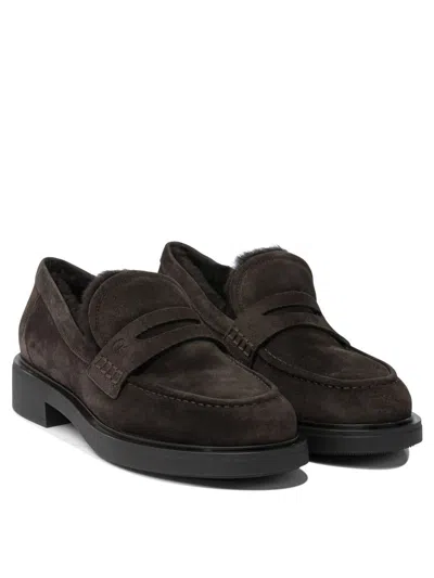 Gianvito Rossi Suede Loafers With Rubber Sole And Stitching In Brown
