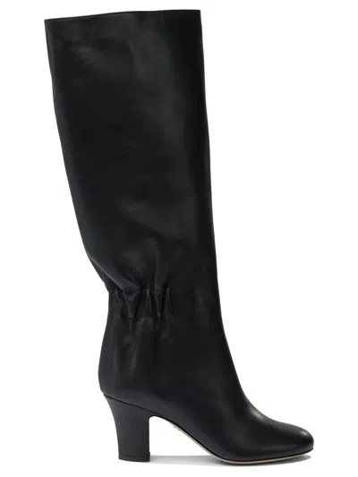 Ferragamo Knee-high Boots With Curled Design And Block Heel In Black
