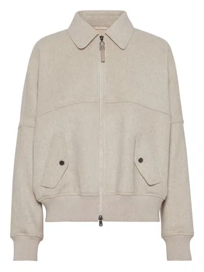 Brunello Cucinelli Double Fabric Bomber Jacket In Brown