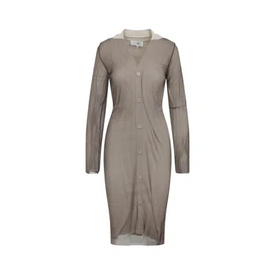 Mm6 Maison Margiela Ribbed Knit Midi Dress With Button-down Front And Contrasting Collar In Gray