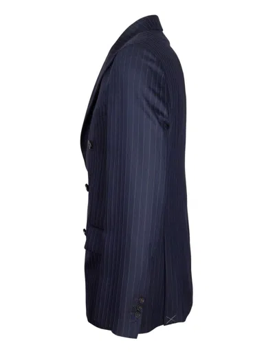 Golden Goose Navy Blue Pinstripe Double-breasted Jacket In Black