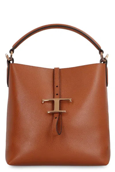 Tod's Brown Textured Leather Bucket Bag With Adjustable Strap And Gold-tone Logo In Brown