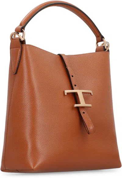 Tod's Brown Textured Leather Bucket Bag With Adjustable Strap And Gold-tone Logo In Brown
